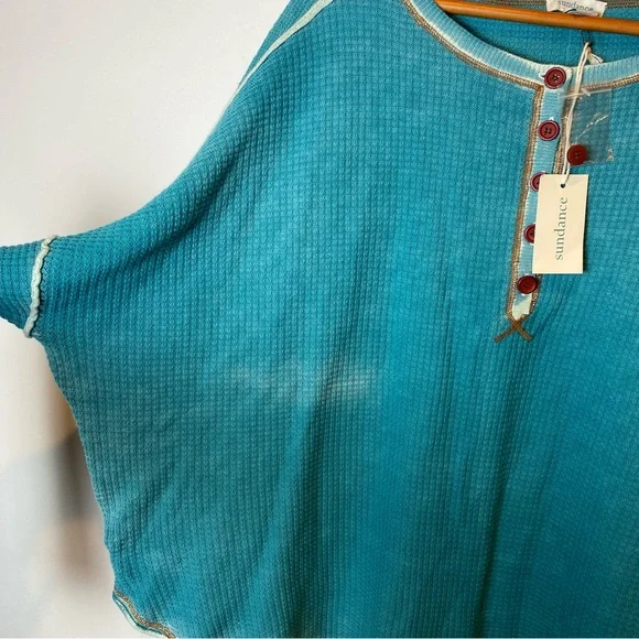 Sundance Gentry Henley Waffle Knit Drop Shoulder Teal Long Sleeve Top NWT - Picture 5 of 11